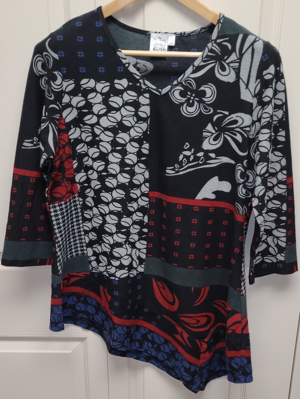 Parsley & Sage Artsy Quirky Women's Black multipatterned patchwork Tunic Top